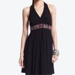 WHBM Little Black V Neck Halter Dress with Beaded Waist Size  2